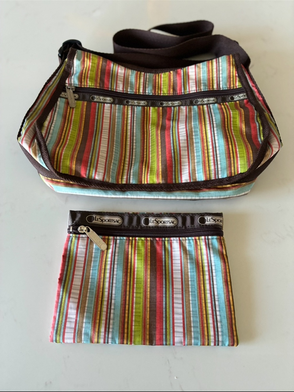 Lesportsac VTG Multicolor Rainbow Striped Crossbody Bag with Matching Pouch
